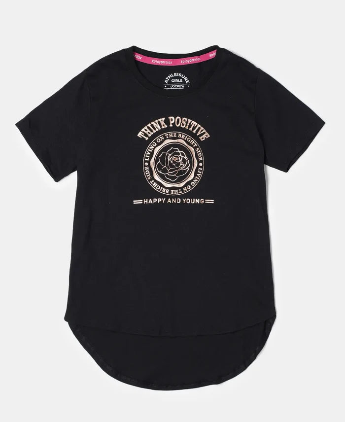 Super Combed Cotton Graphic Printed Short Sleeve T-Shirt with Hi Low Hem - Black-1
