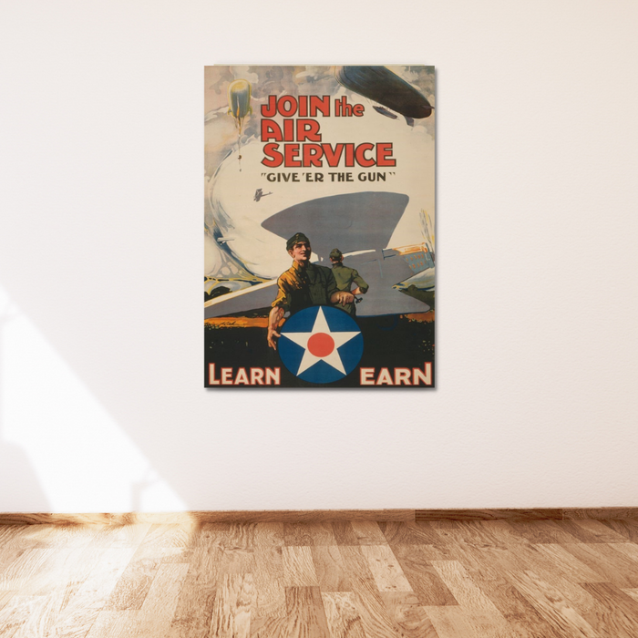 A vintage 1918 recruitment poster for the Air Service on a plain white wall showcases two soldiers and an aircraft, echoing the call to Join the Air Service, Give'er the Gun, and Learn Earn.