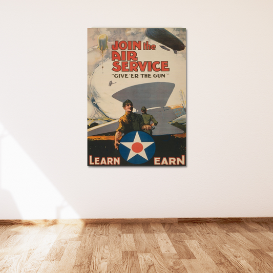 A vintage 1918 recruitment poster for the Air Service on a plain white wall showcases two soldiers and an aircraft, echoing the call to Join the Air Service, Give'er the Gun, and Learn Earn.