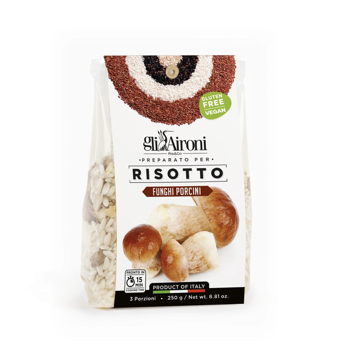 GLI AIRONI - PORCINI MUSHROOM RISOTTO by ZIA PIA IMPORTS: a 250g Italian ready-to-cook risotto with Carnaroli rice and porcini mushrooms. Gluten-free, vegan, and serves 3 portions.