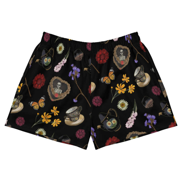 Gothic Tea Time athletic short shorts in black with monarch butterflies and crimson dahlias, pastel goth fashion