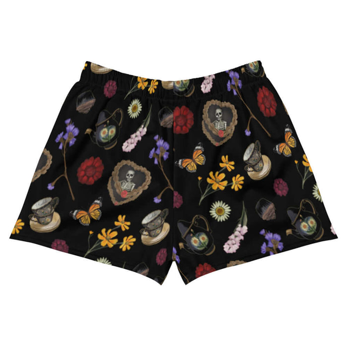 Gothic Tea Time athletic short shorts in black with gilded teacups and purple irises, pastel goth fashion