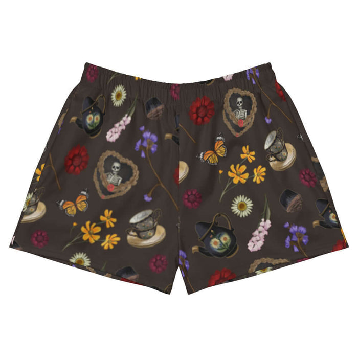 Gothic Tea Time athletic short shorts in black with pale butterflies and pink snapdragons, pastel goth fashion