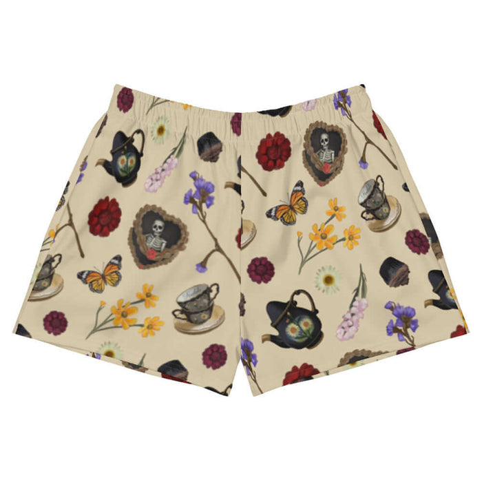 Gothic Tea Time athletic short shorts in black with white daisies and black teapots, pastel goth fashion