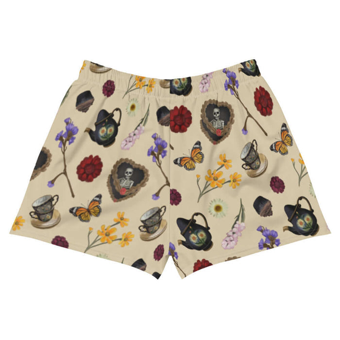 Gothic Tea Time athletic short shorts in black with red dahlias and stacked teacups, pastel goth fashion