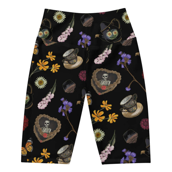 Gothic Tea Time biker shorts in black with stacked vintage teacups and monarch butterflies, goth fashion