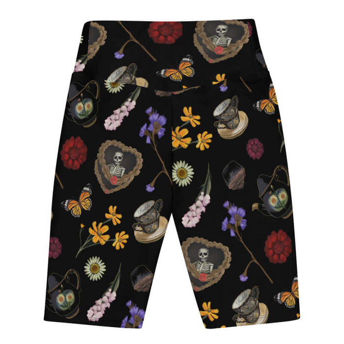 Gothic Tea Time biker shorts in black with purple irises and red dahlias, goth fashion