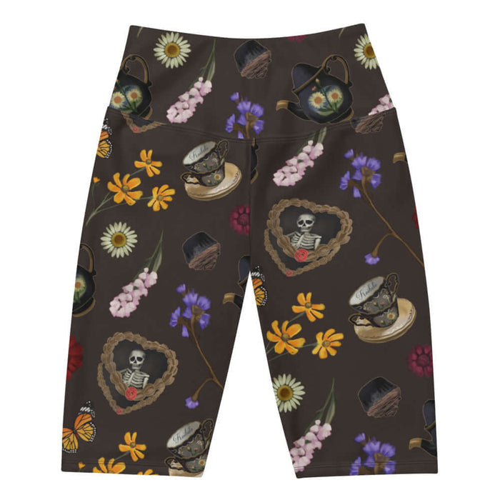 Gothic Tea Time biker shorts in black with pink snapdragons and golden cosmos, goth fashion