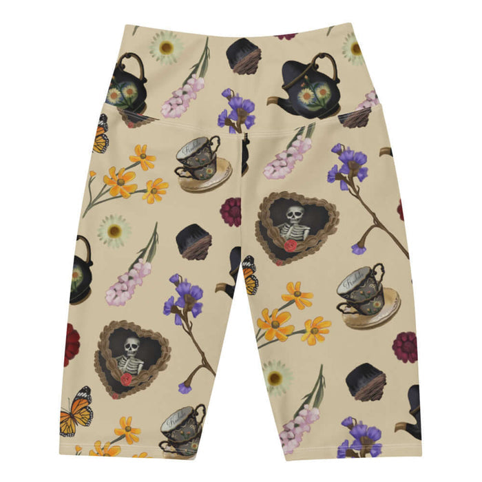 Gothic Tea Time biker shorts in black with black teapots and wine-dark zinnias, goth fashion