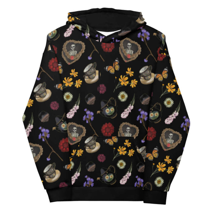 Gothic Tea Time hoodie in black with gilded teacups and purple irises, gothic style