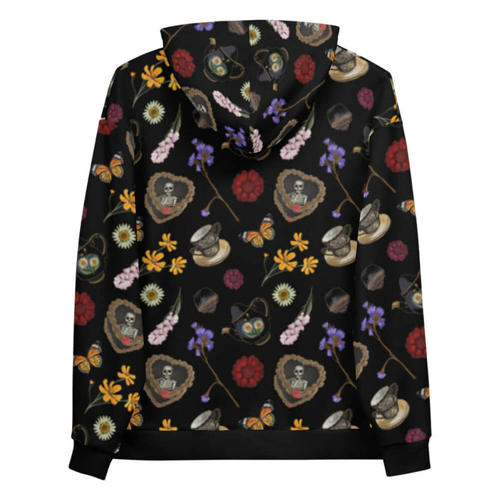 Gothic Tea Time hoodie in black with pale butterflies and pink snapdragons, gothic style