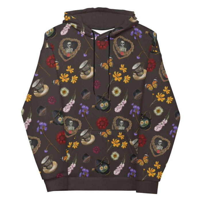 Gothic Tea Time hoodie in black with a heart-wreathed skeleton and golden cosmos, gothic style