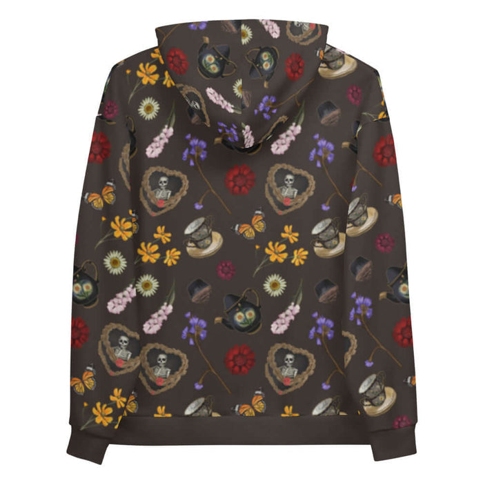 Gothic Tea Time hoodie in black with white daisies and black teapots, gothic style