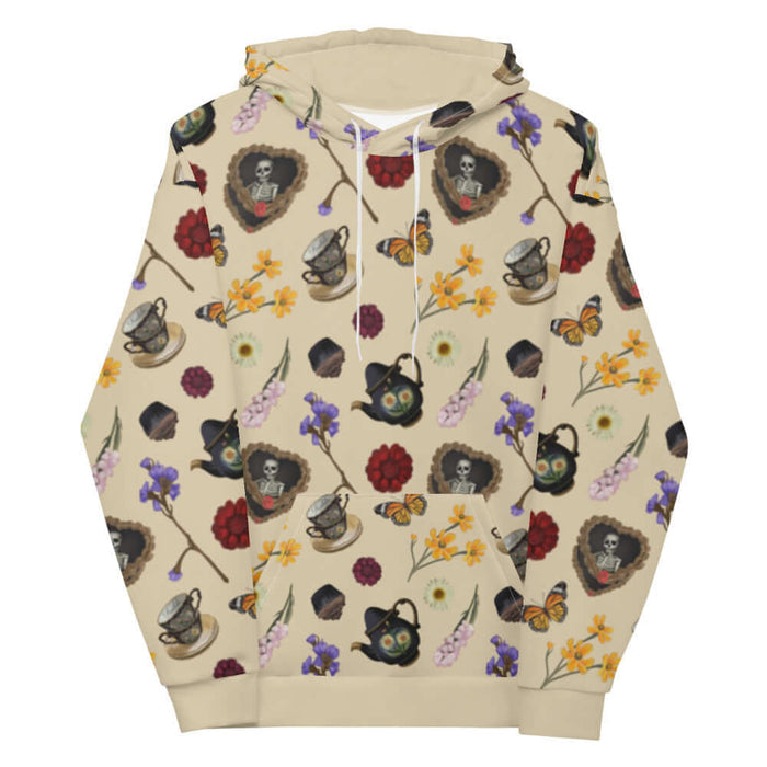 Gothic Tea Time hoodie in black with red dahlias and stacked teacups, gothic style