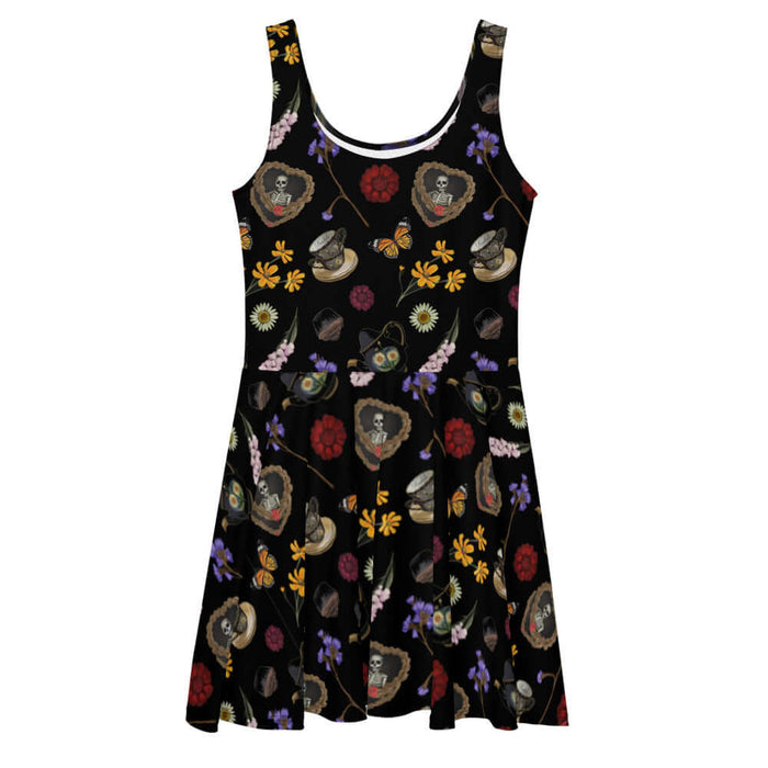 Gothic Tea Time skater dress in black with gilded teacups and purple irises, alternative attire