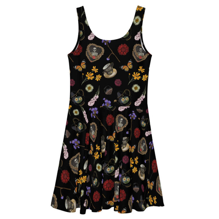 Gothic Tea Time skater dress in black with pale butterflies and pink snapdragons, alternative attire