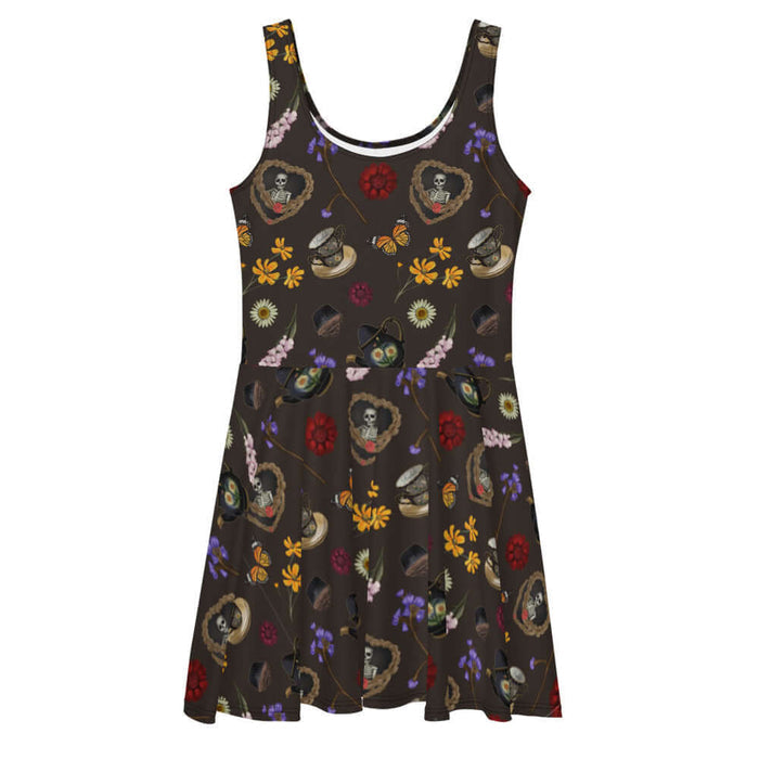 Gothic Tea Time skater dress in black with a heart-wreathed skeleton and golden cosmos, alternative attire