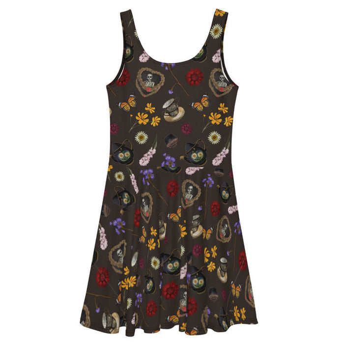 Gothic Tea Time skater dress in black with white daisies and black teapots, alternative attire