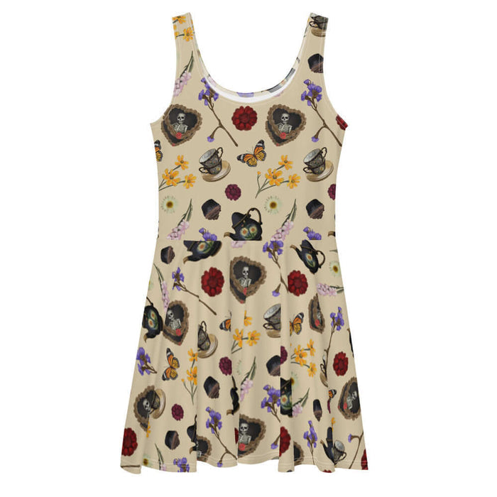 Gothic Tea Time skater dress in black with red dahlias and stacked teacups, alternative attire