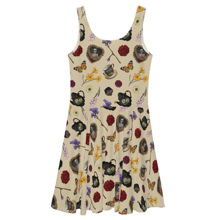 Gothic Tea Time skater dress in black with a heart-wreathed skeleton and black teapots, gothic style