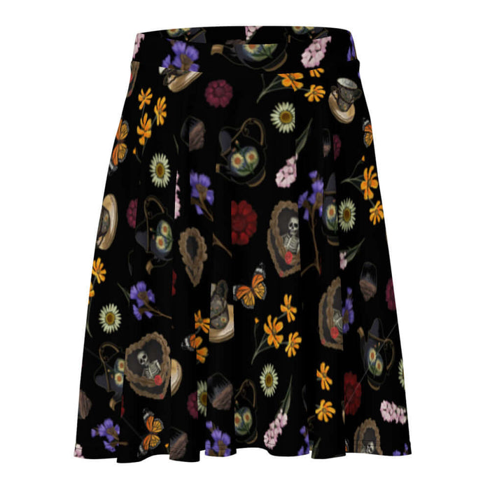 Gothic Tea Time skater skirt in black with stacked vintage teacups and monarch butterflies, alternative attire