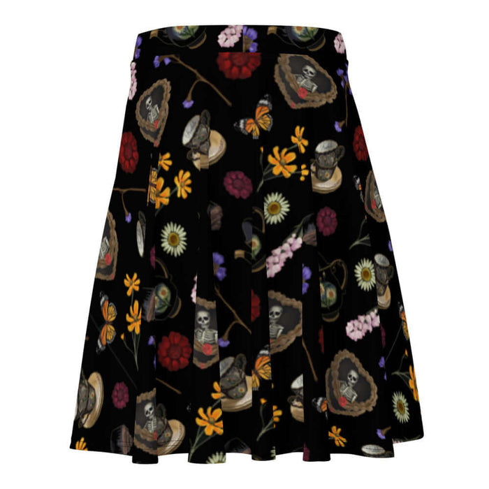 Gothic Tea Time skater skirt in black with purple irises and red dahlias, alternative attire