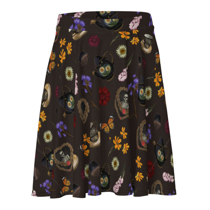 Gothic Tea Time skater skirt in black with pink snapdragons and golden cosmos, alternative attire