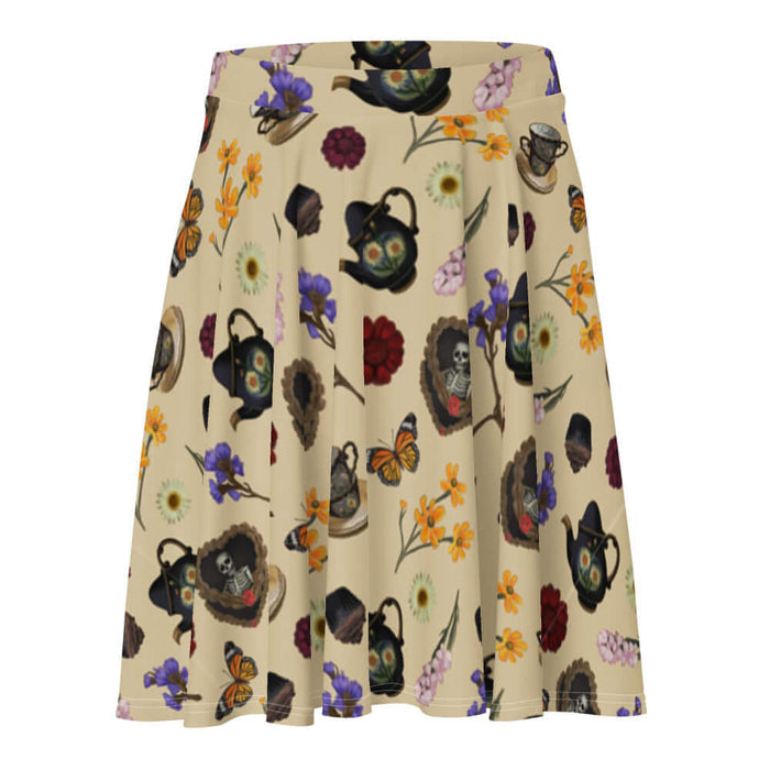 Gothic Tea Time skater skirt in black with black teapots and wine-dark zinnias, alternative attire