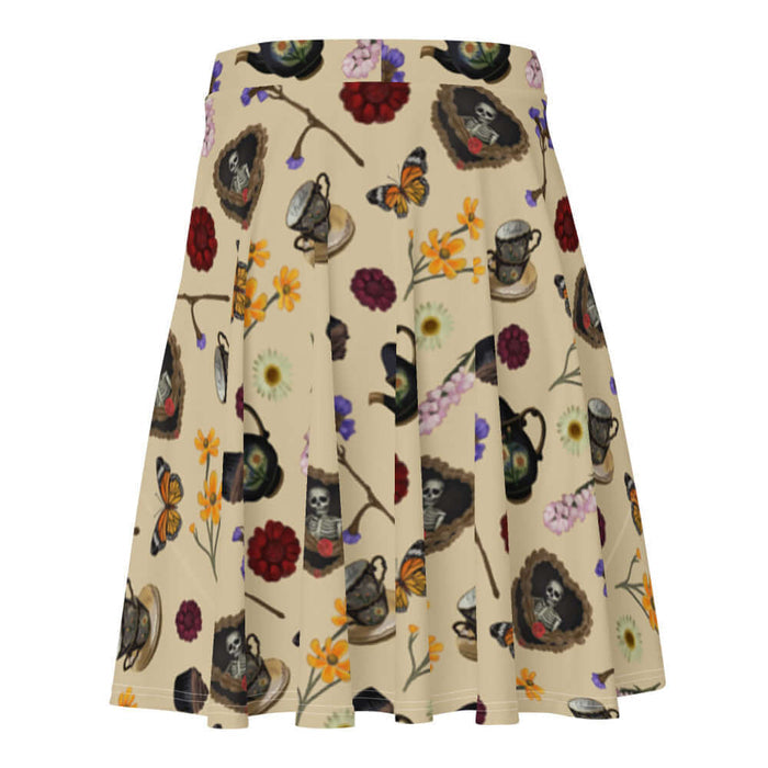 Gothic Tea Time skater skirt in black with monarch butterflies and crimson dahlias, alternative attire