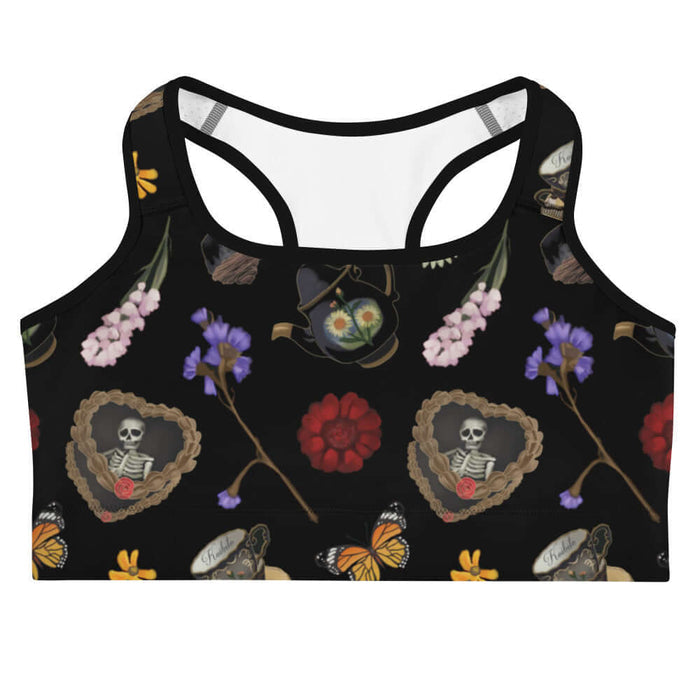 Gothic Tea Time sports bra in black with a heart-wreathed skeleton and golden cosmos, gothic activewear
