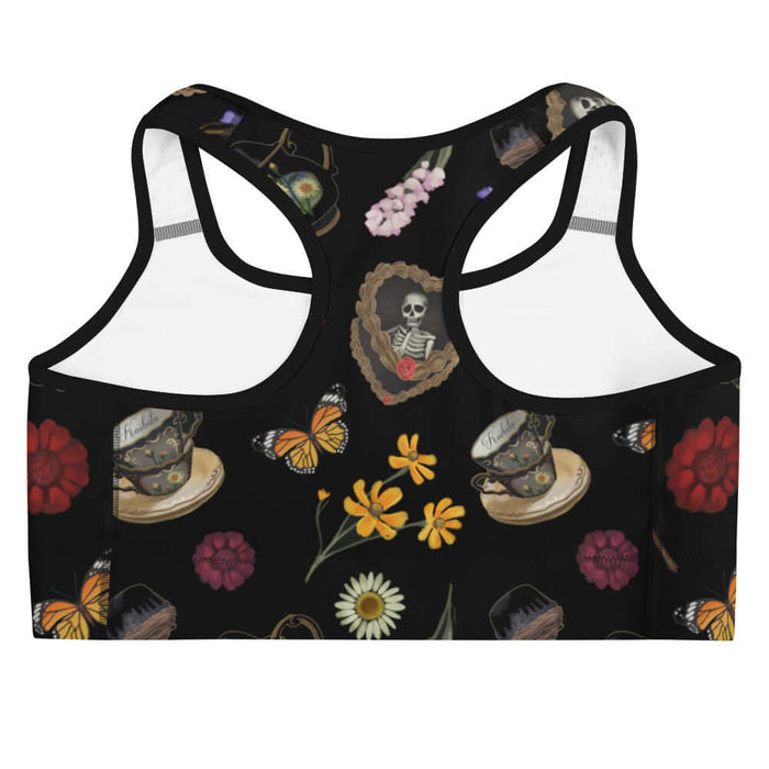 Gothic Tea Time sports bra in black with white daisies and black teapots, gothic activewear