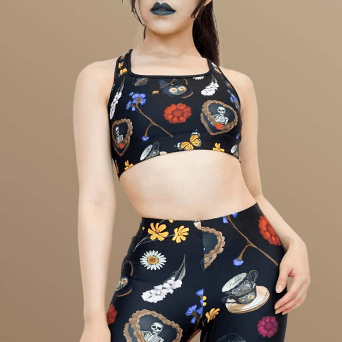 Gothic Tea Time sports bra in black with a heart-wreathed skeleton and black teapots, alternative style