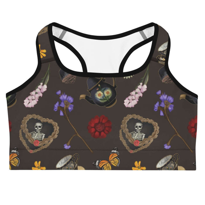 Gothic Tea Time sports bra in black with purple irises and red dahlias, alternative style