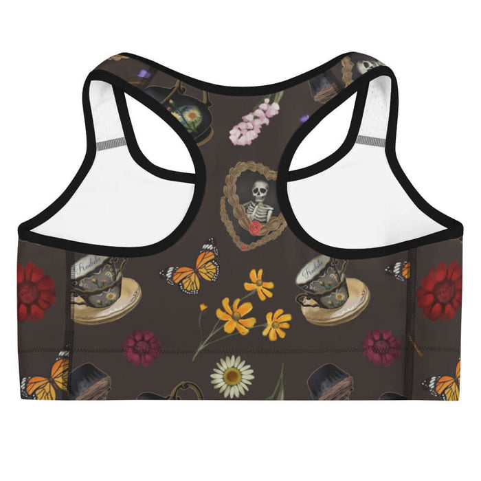 Gothic Tea Time sports bra in black with pink snapdragons and golden cosmos, alternative style
