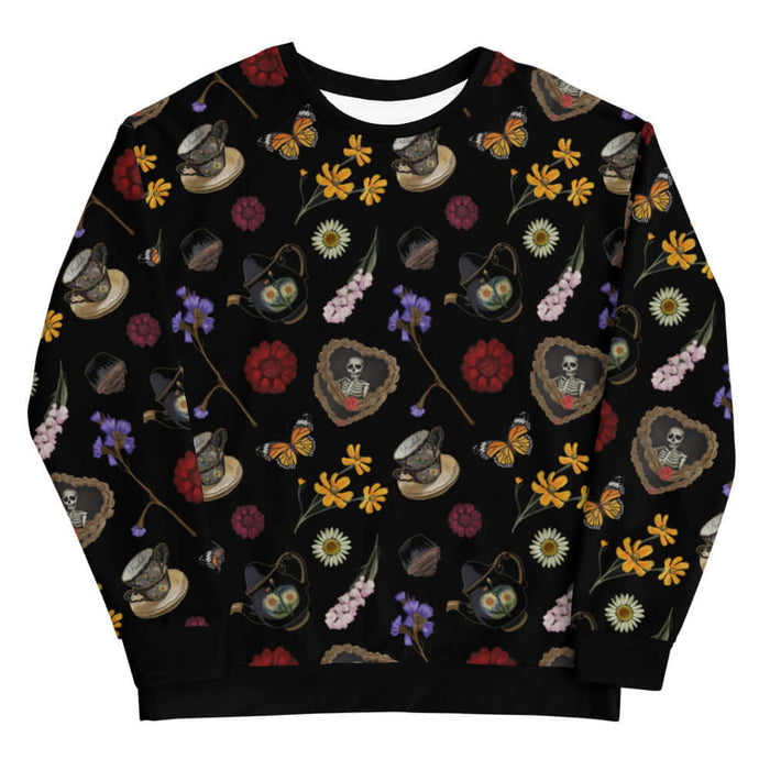Gothic Tea Time sweatshirt in black with stacked vintage teacups and monarch butterflies, goth activewear