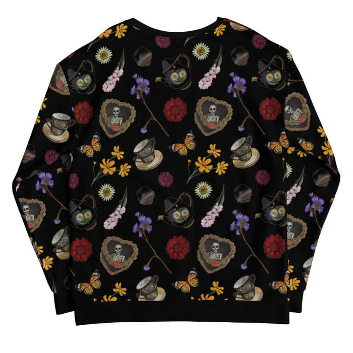 Gothic Tea Time sweatshirt in black with purple irises and red dahlias, goth activewear