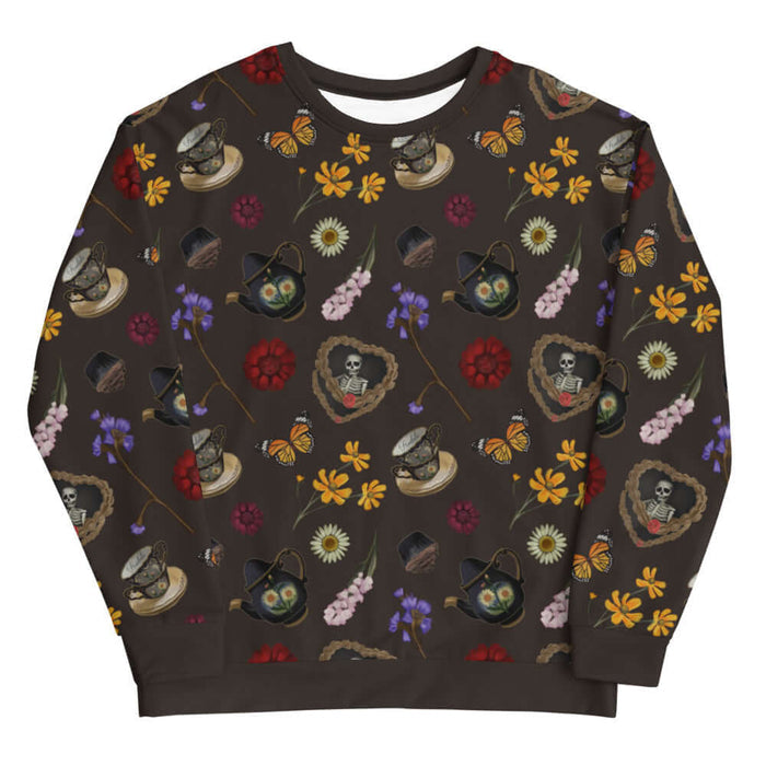 Gothic Tea Time sweatshirt in black with pink snapdragons and golden cosmos, goth activewear