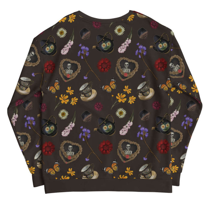 Gothic Tea Time sweatshirt in black with a rose-clutching skeleton and white daisies, goth activewear