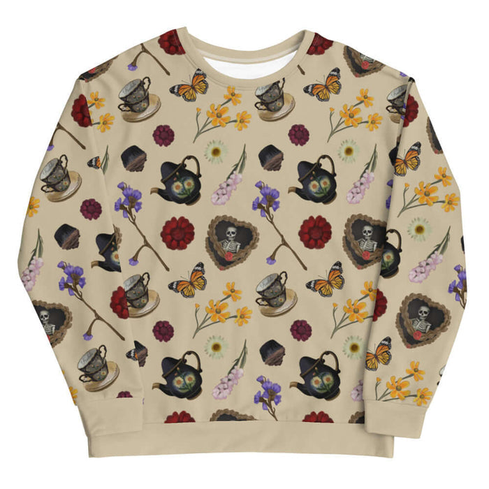 Gothic Tea Time sweatshirt in black with black teapots and wine-dark zinnias, goth activewear