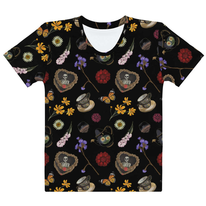Gothic Tea Time t-shirt in black with stacked vintage teacups and monarch butterflies, gothic style