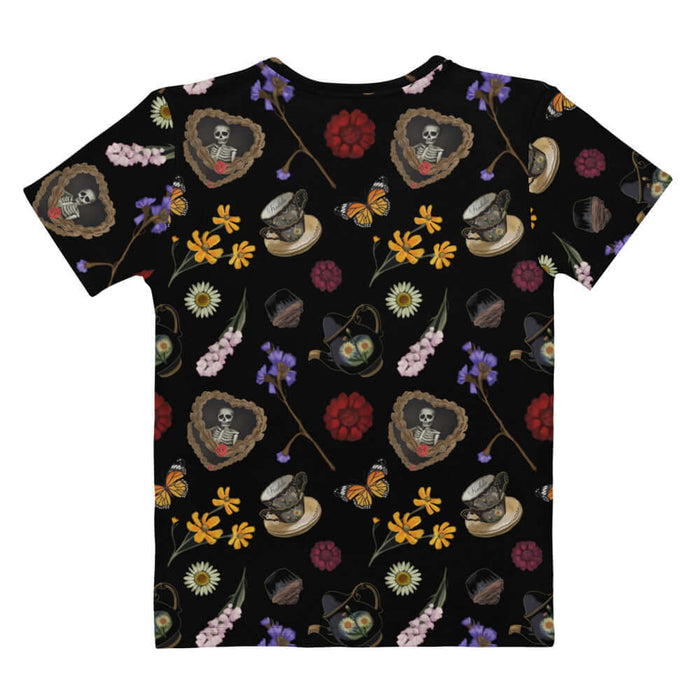 Gothic Tea Time t-shirt in black with purple irises and red dahlias, gothic style