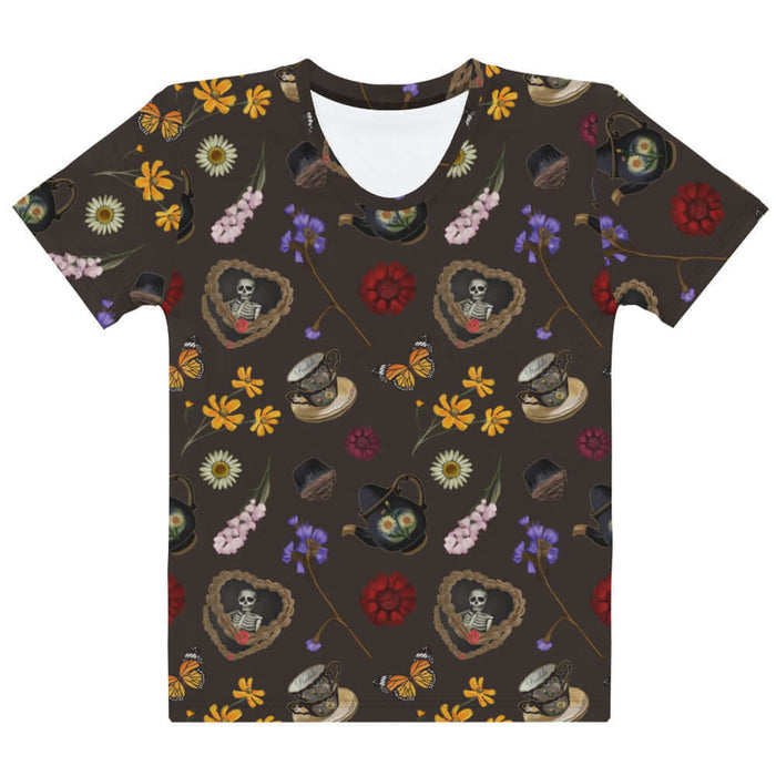 Gothic Tea Time t-shirt in black with pink snapdragons and golden cosmos, gothic style