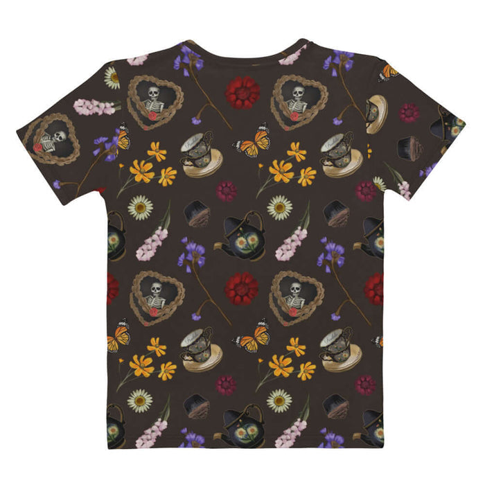 Gothic Tea Time t-shirt in black with a rose-clutching skeleton and white daisies, gothic style