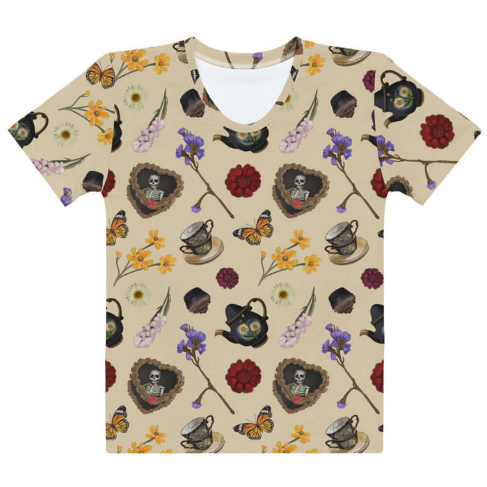 Gothic Tea Time t-shirt in black with black teapots and wine-dark zinnias, gothic style