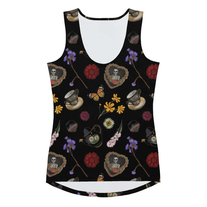 Gothic Tea Time tank top in black with a heart-wreathed skeleton and black teapots, alternative attire