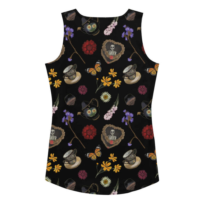 Gothic Tea Time tank top in black with stacked vintage teacups and monarch butterflies, alternative attire