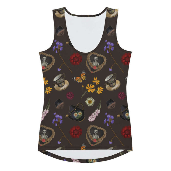 Gothic Tea Time tank top in black with purple irises and red dahlias, alternative attire