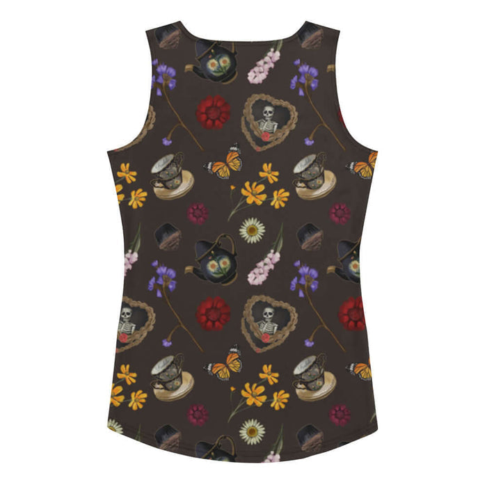 Gothic Tea Time tank top in black with pink snapdragons and golden cosmos, alternative attire