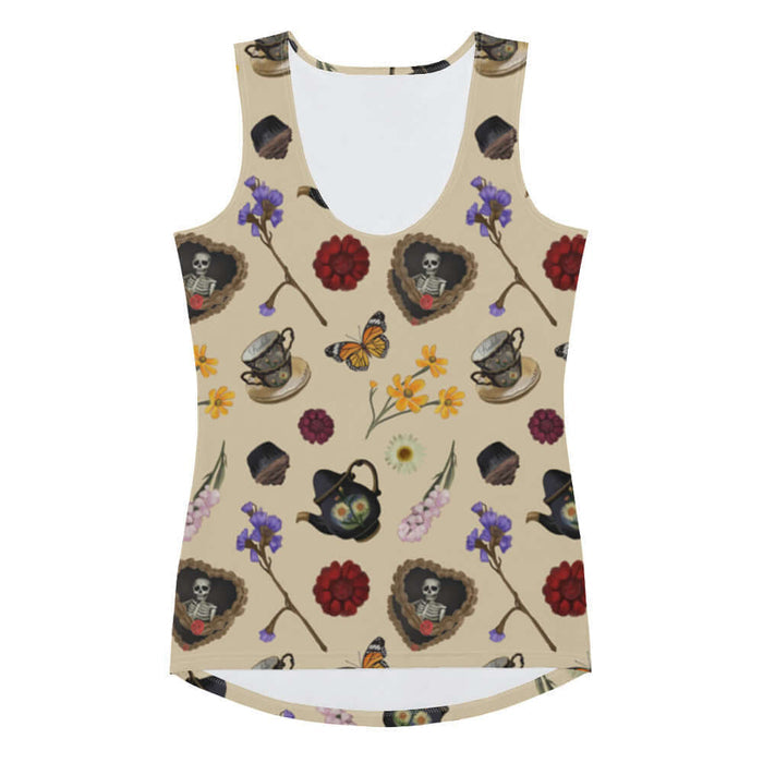 Gothic Tea Time tank top in black with a rose-clutching skeleton and white daisies, alternative attire