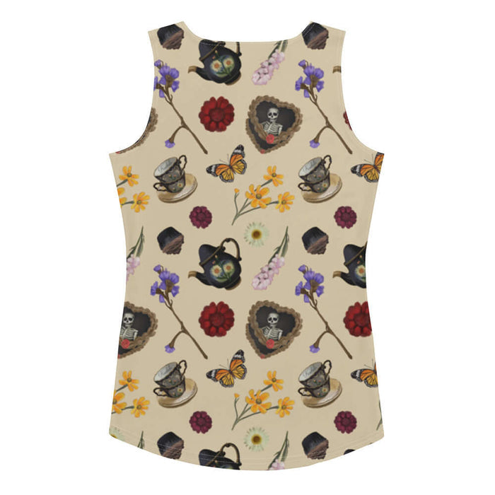 Gothic Tea Time tank top in black with black teapots and wine-dark zinnias, alternative attire